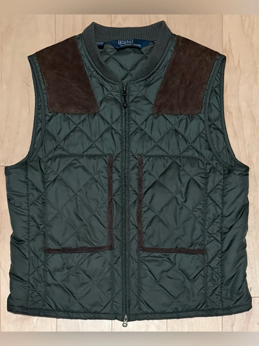 Polo Ralph Lauren Full Zip Quilted Hunting Vest Suede Leather Green Men’s Large